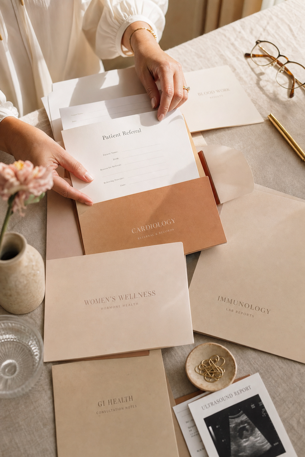 A woman's hands sorting through separate referral folders for cardiology, women's wellness, immunology, and GI health spread across a table