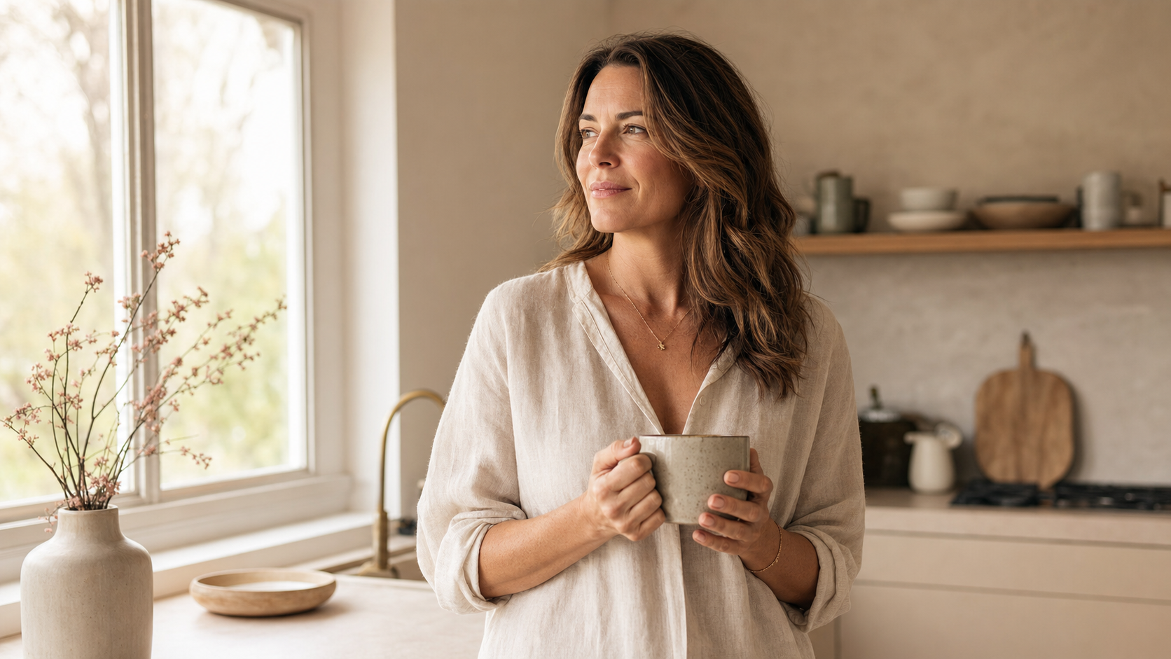 Woman with morning coffee reflecting on perimenopause metabolism